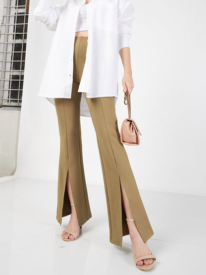 Women Beige Roma Front Slit Bell Bottom Pants
