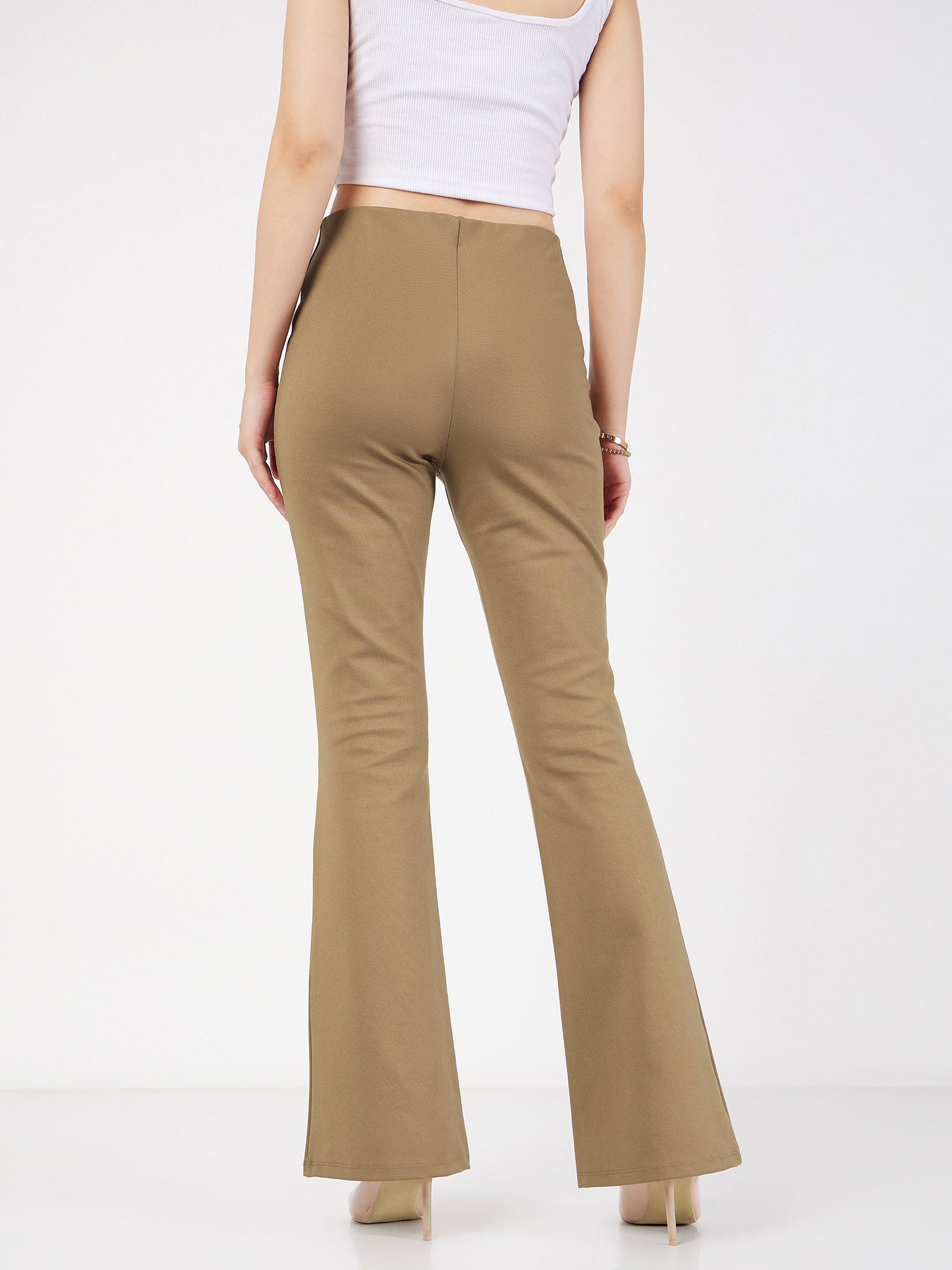 Women Beige Bell Bottom 4-Way Stretch Pants