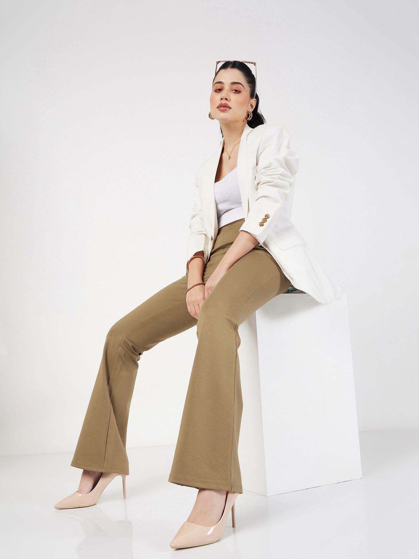 Women Beige Bell Bottom 4-Way Stretch Pants