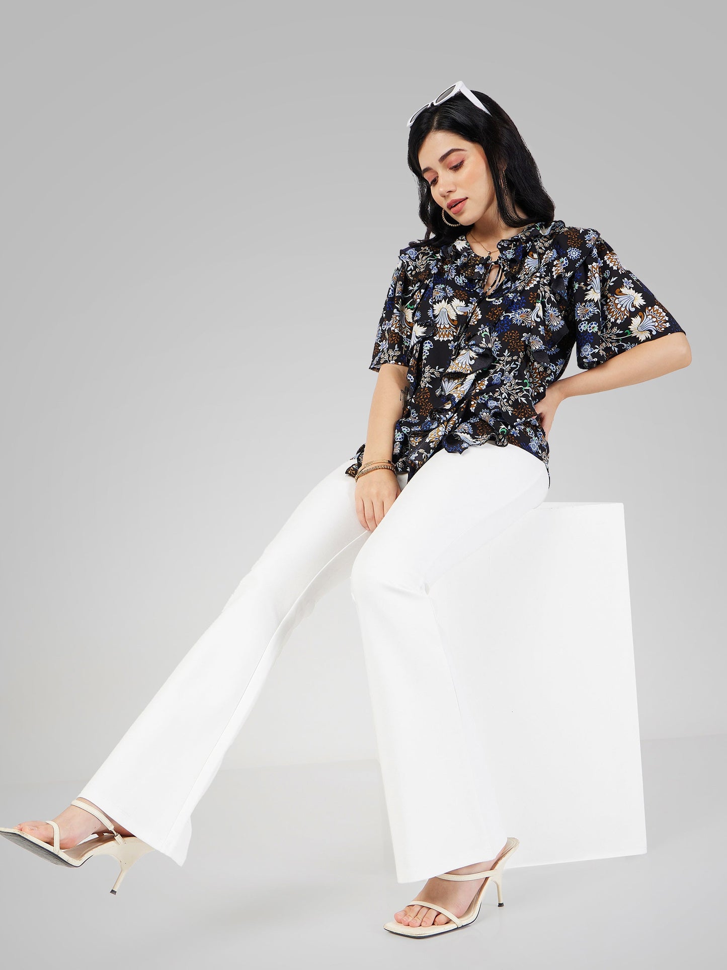 Women White Bell Bottom 4-Way Stretch Pants