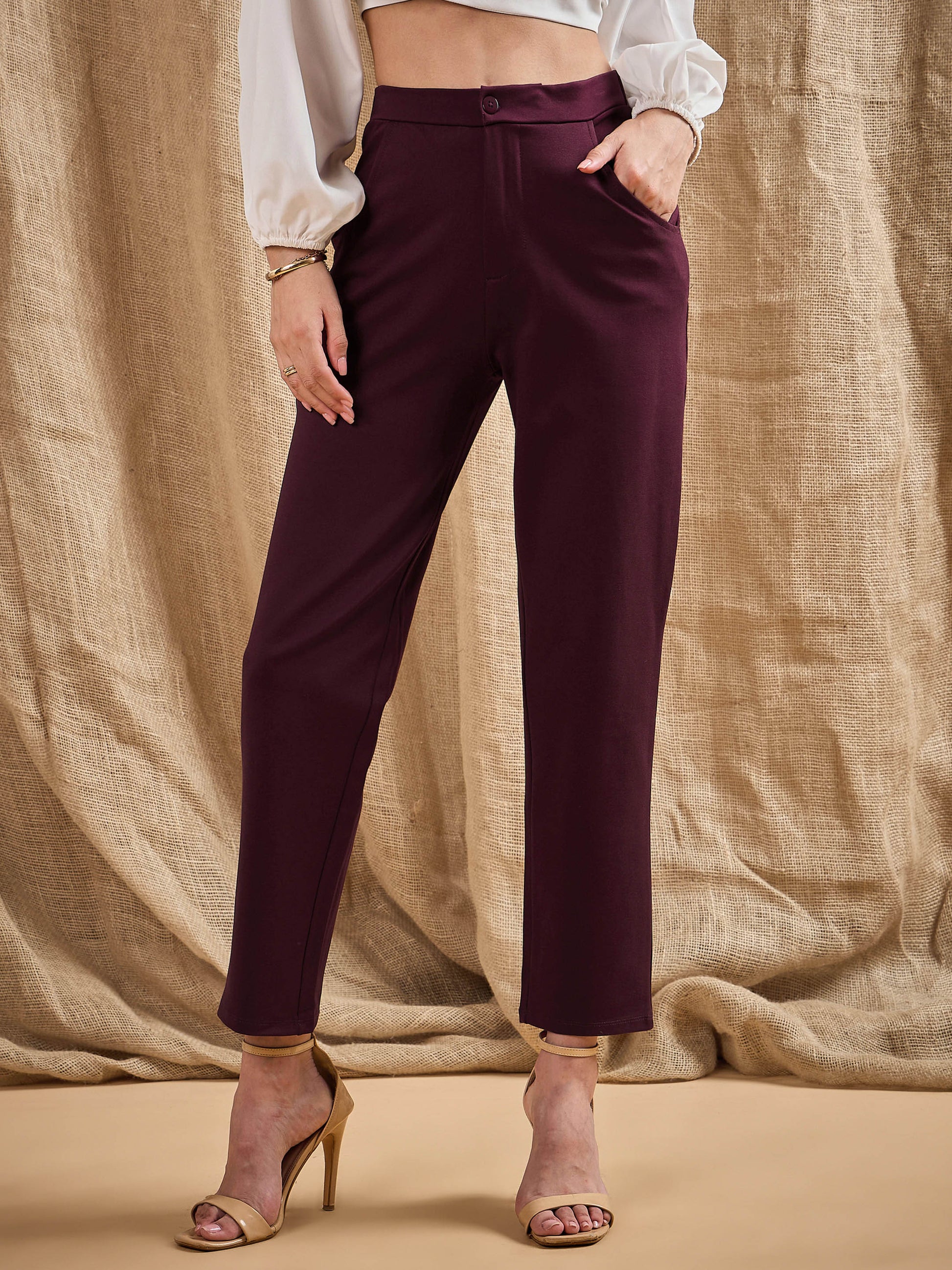 Women's Women Burgundy Roma Tapered Pants in Rayon by Sassafras for wholesale, bulk, supplier, manufacturer and wholesaler buyers from Trendphoria