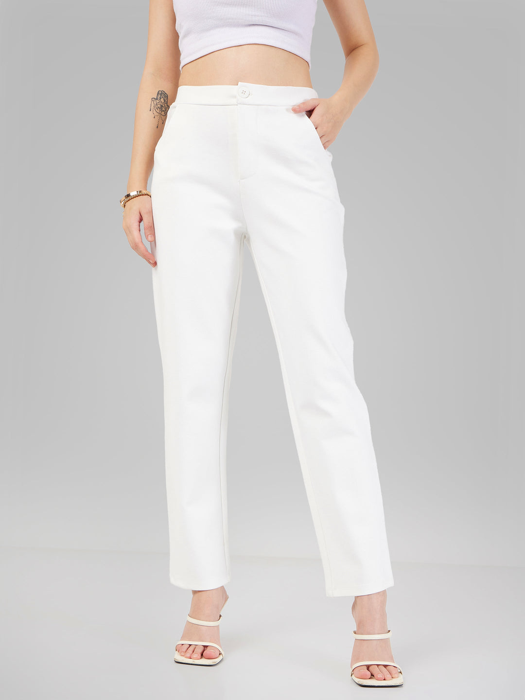 Women's Women White Roma Tapered Pants in Rayon by Sassafras for wholesale, bulk, supplier, manufacturer and wholesaler buyers from Trendphoria