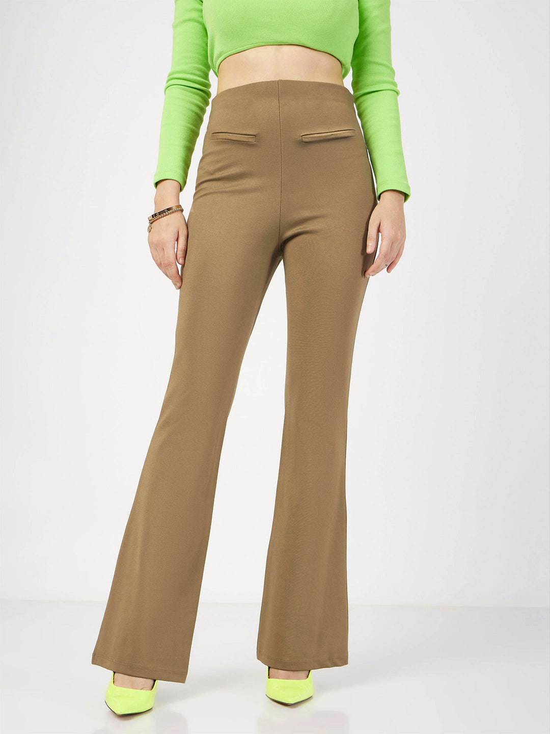 Women's Women Beige Bone Pocket Bell Bottom Pants in Rayon by Sassafras for wholesale, bulk, supplier, manufacturer and wholesaler buyers from Trendphoria