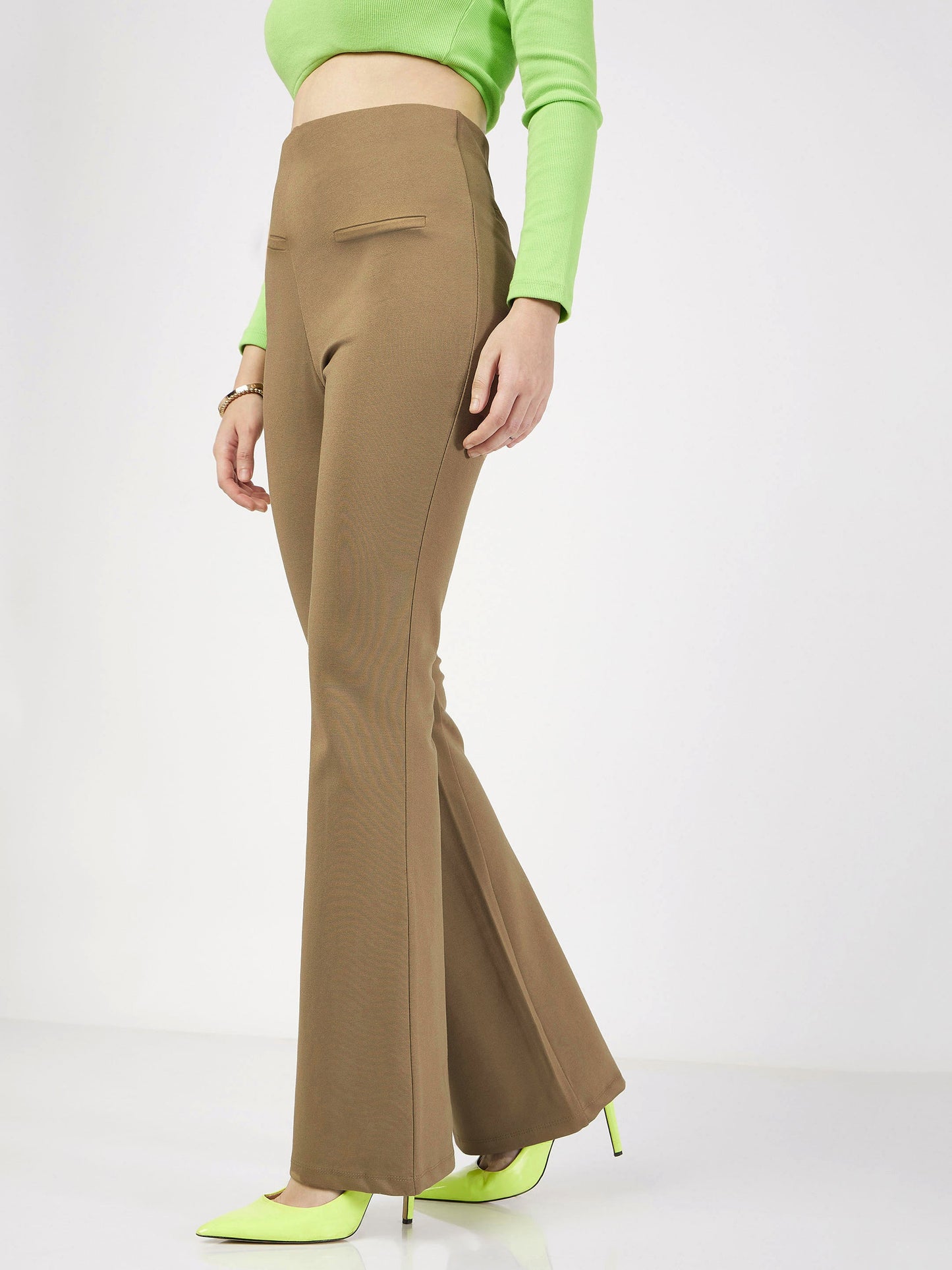 Women Beige Bone Pocket Bell Bottom Pants