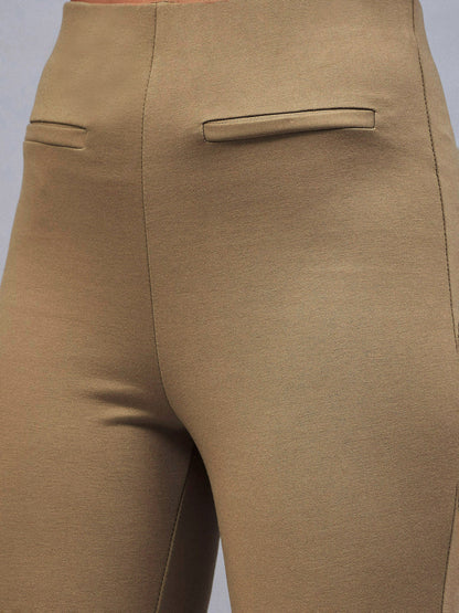 Women Beige Bone Pocket Bell Bottom Pants