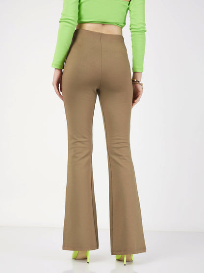 Women Beige Bone Pocket Bell Bottom Pants