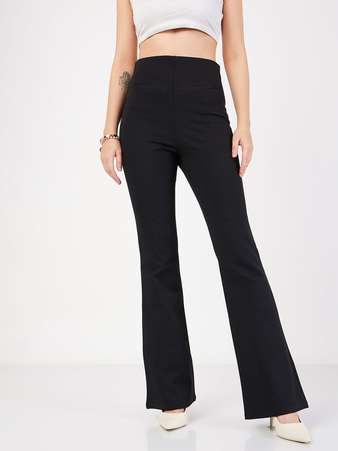 Women's Women Black Bone Pocket Bell Bottom Pants in Rayon by Sassafras for wholesale, bulk, supplier, manufacturer and wholesaler buyers from Trendphoria