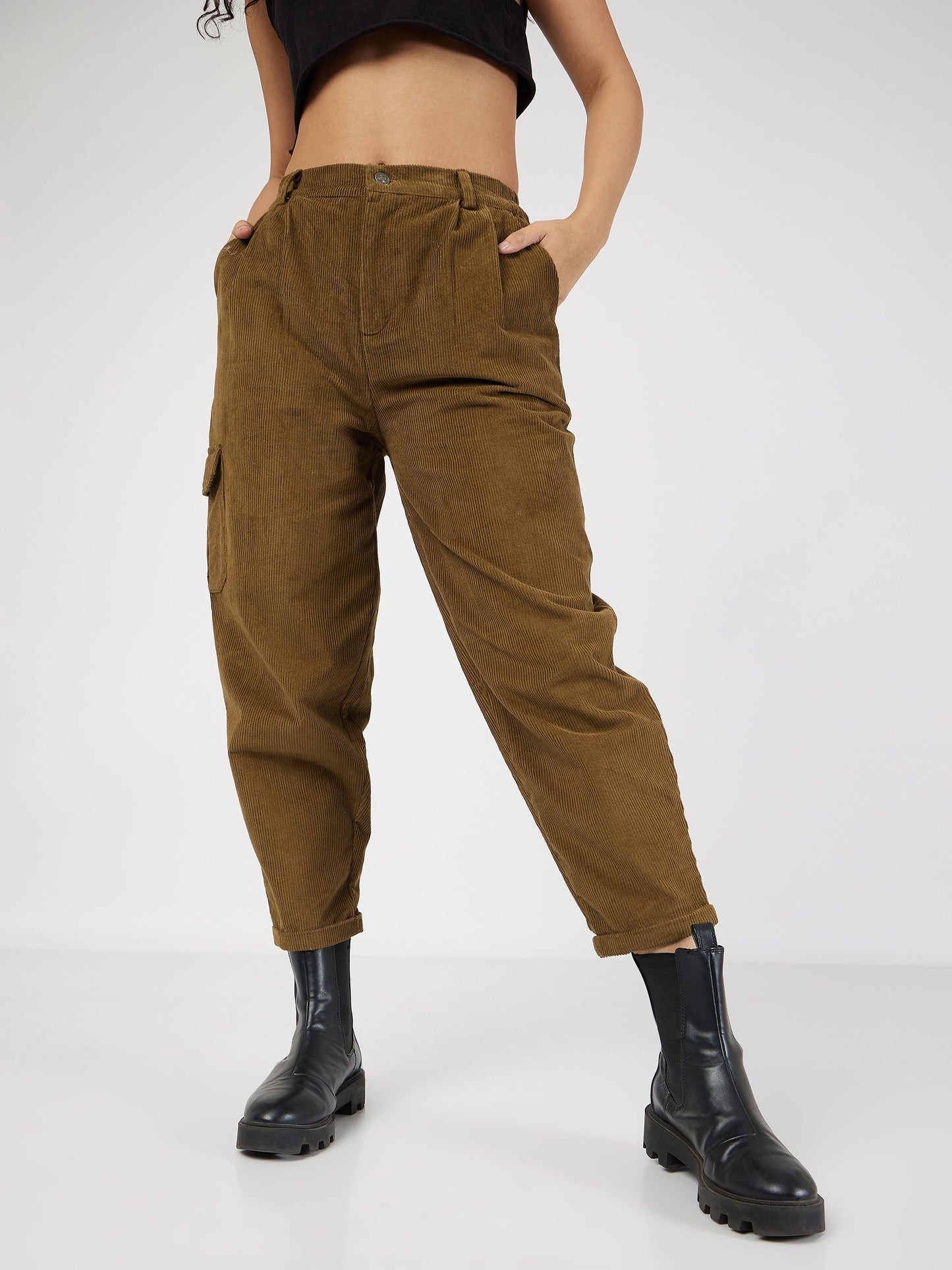 Beige Corduroy Carrot Fit Pants