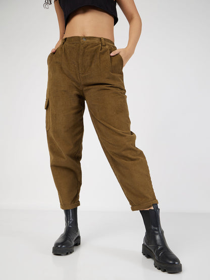 Beige Corduroy Carrot Fit Pants