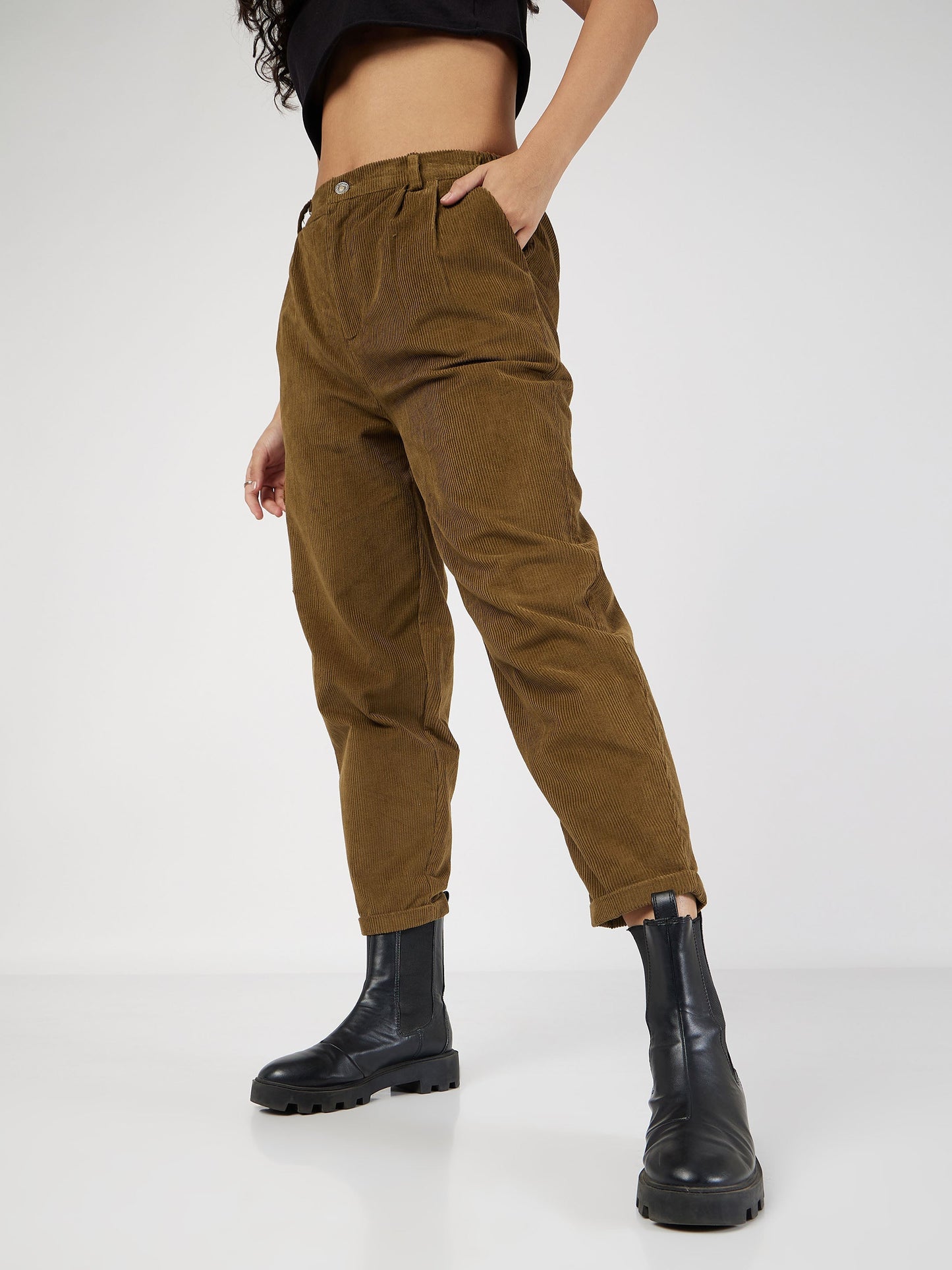 Beige Corduroy Carrot Fit Pants