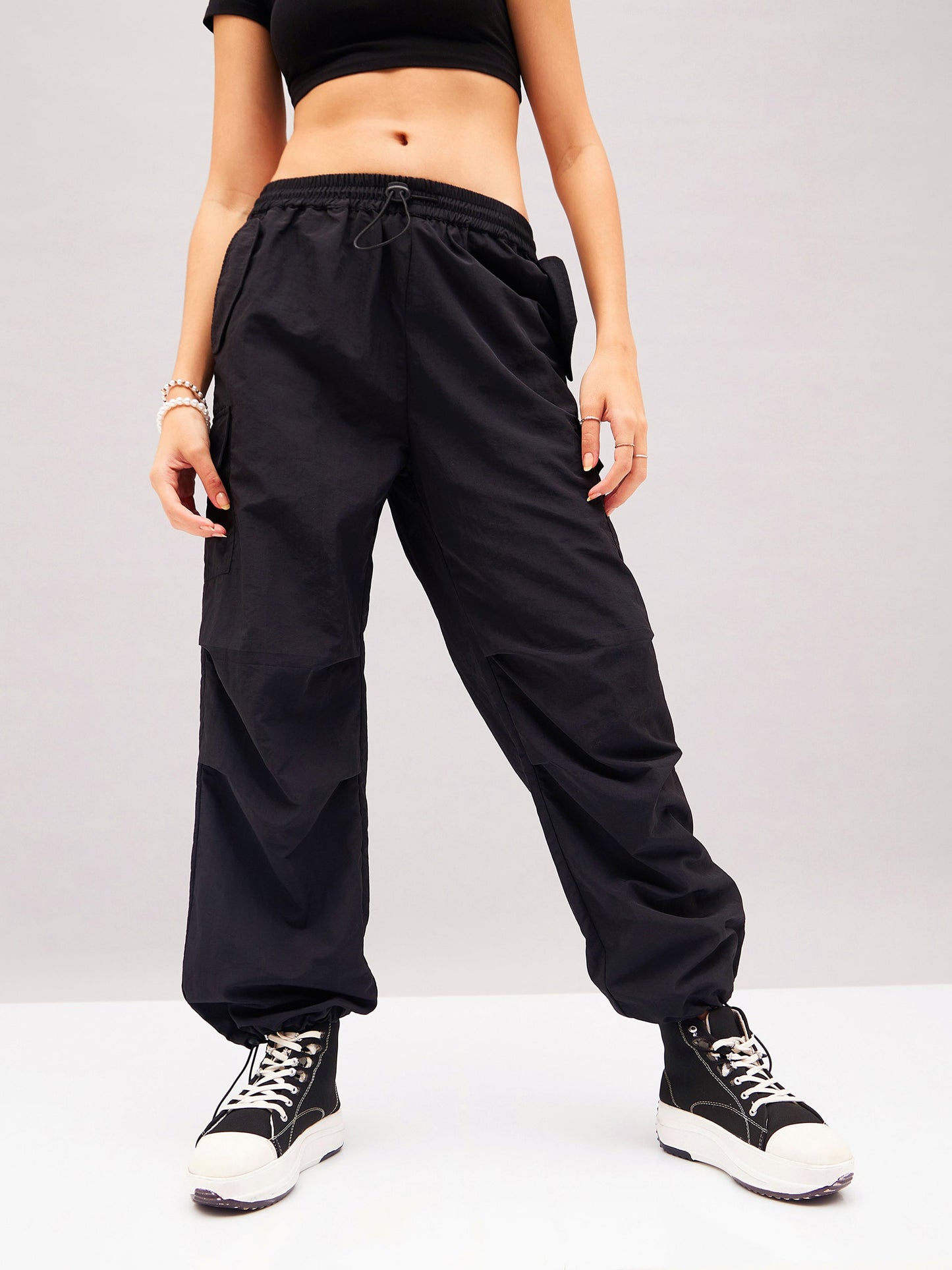 Black Pleated Knee Cargo Parachute Pants