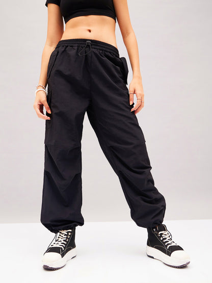 Black Pleated Knee Cargo Parachute Pants
