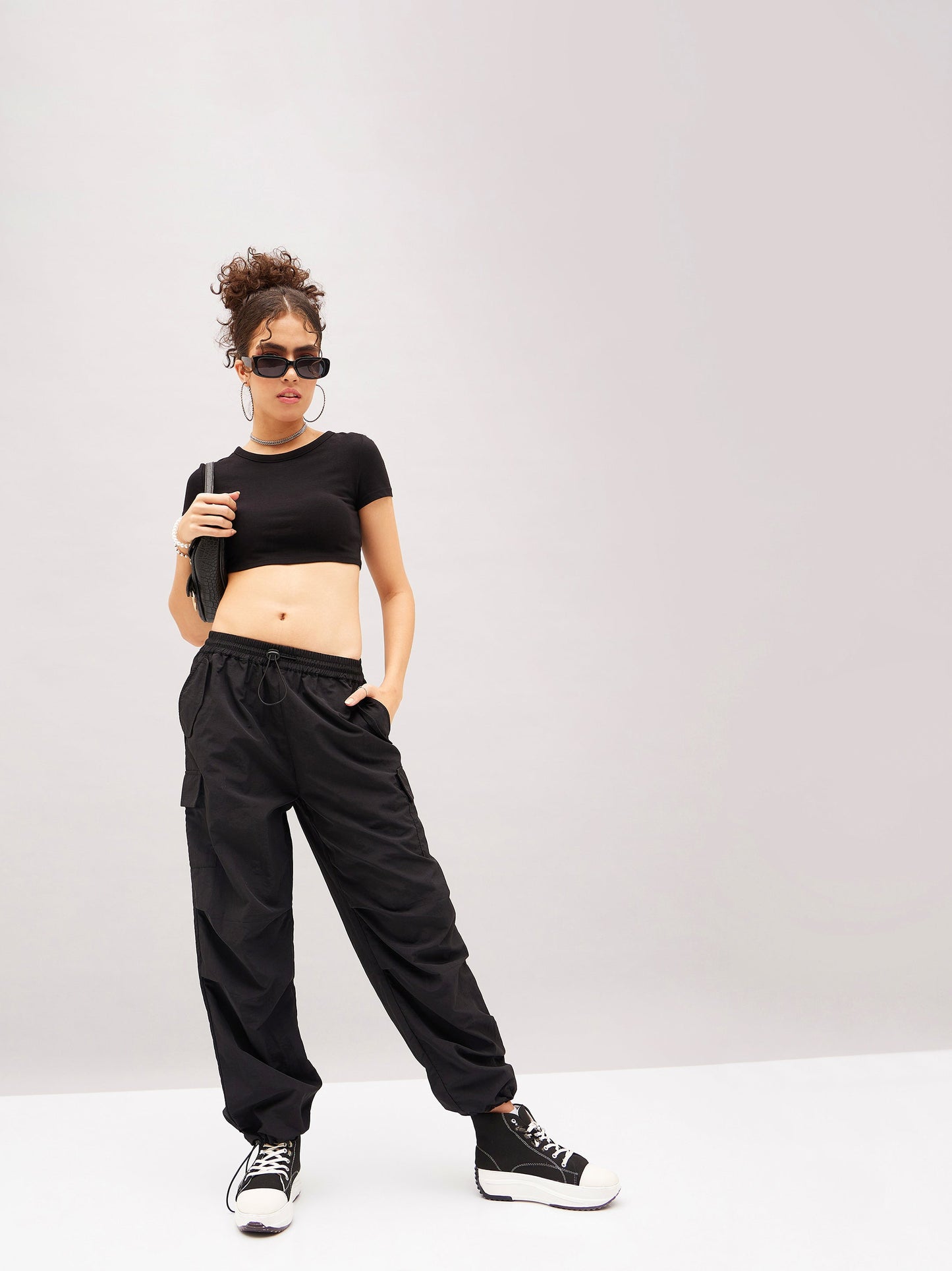 Black Pleated Knee Cargo Parachute Pants
