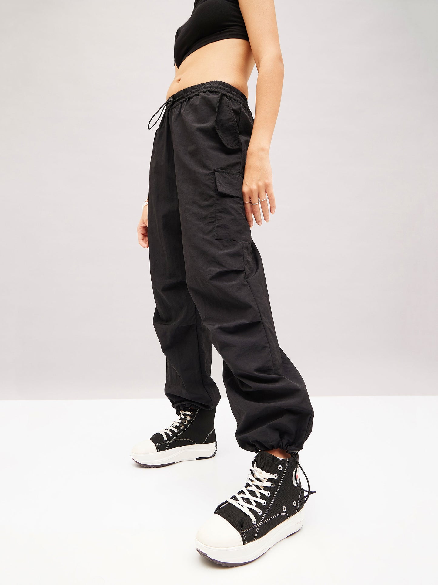 Black Pleated Knee Cargo Parachute Pants