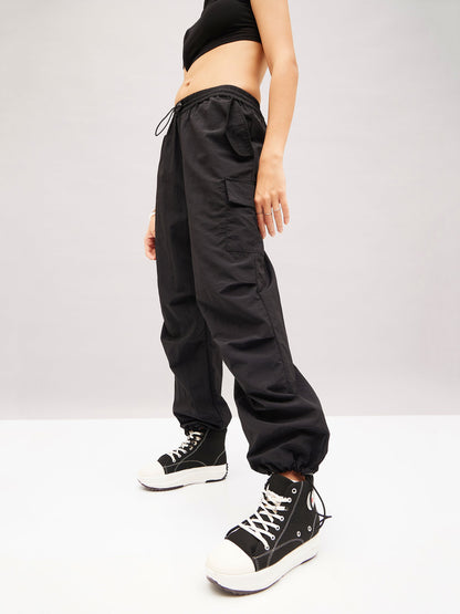 Black Pleated Knee Cargo Parachute Pants