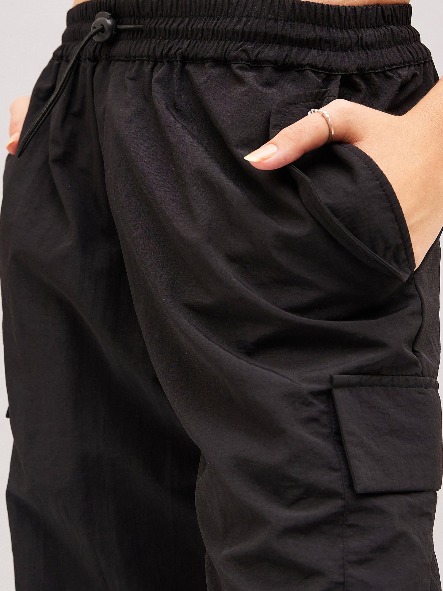 Black Pleated Knee Cargo Parachute Pants