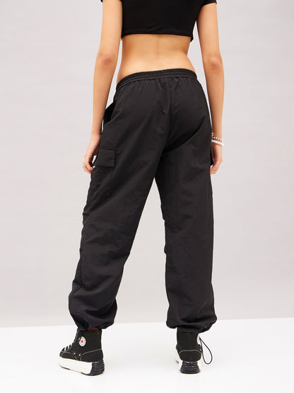 Black Pleated Knee Cargo Parachute Pants