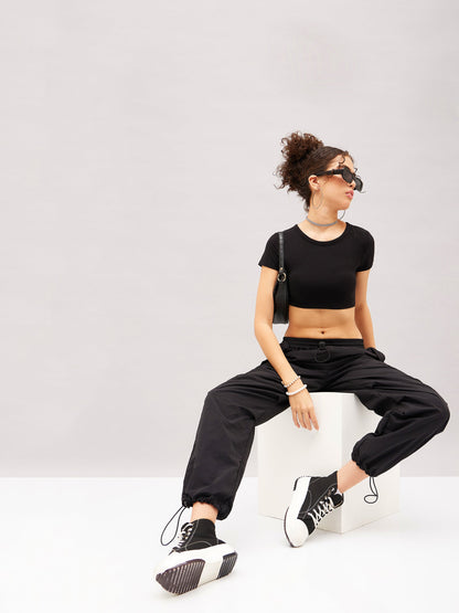 Black Pleated Knee Cargo Parachute Pants