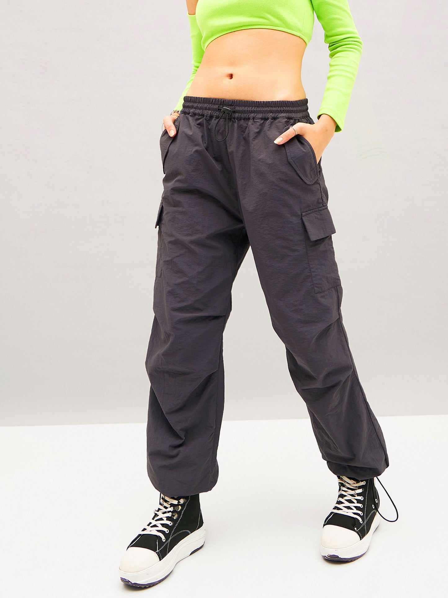Grey Pleated Knee Cargo Parachute Pants