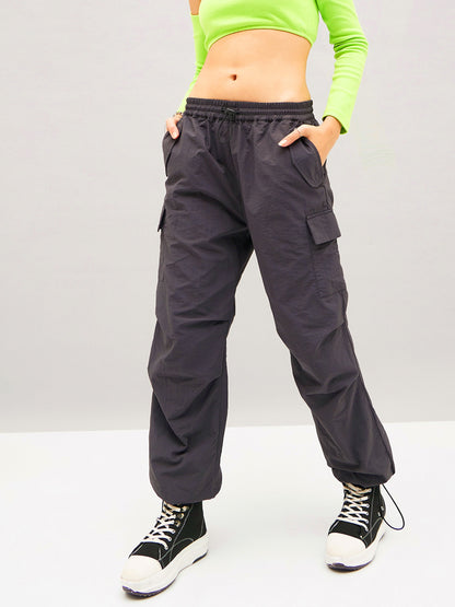 Grey Pleated Knee Cargo Parachute Pants