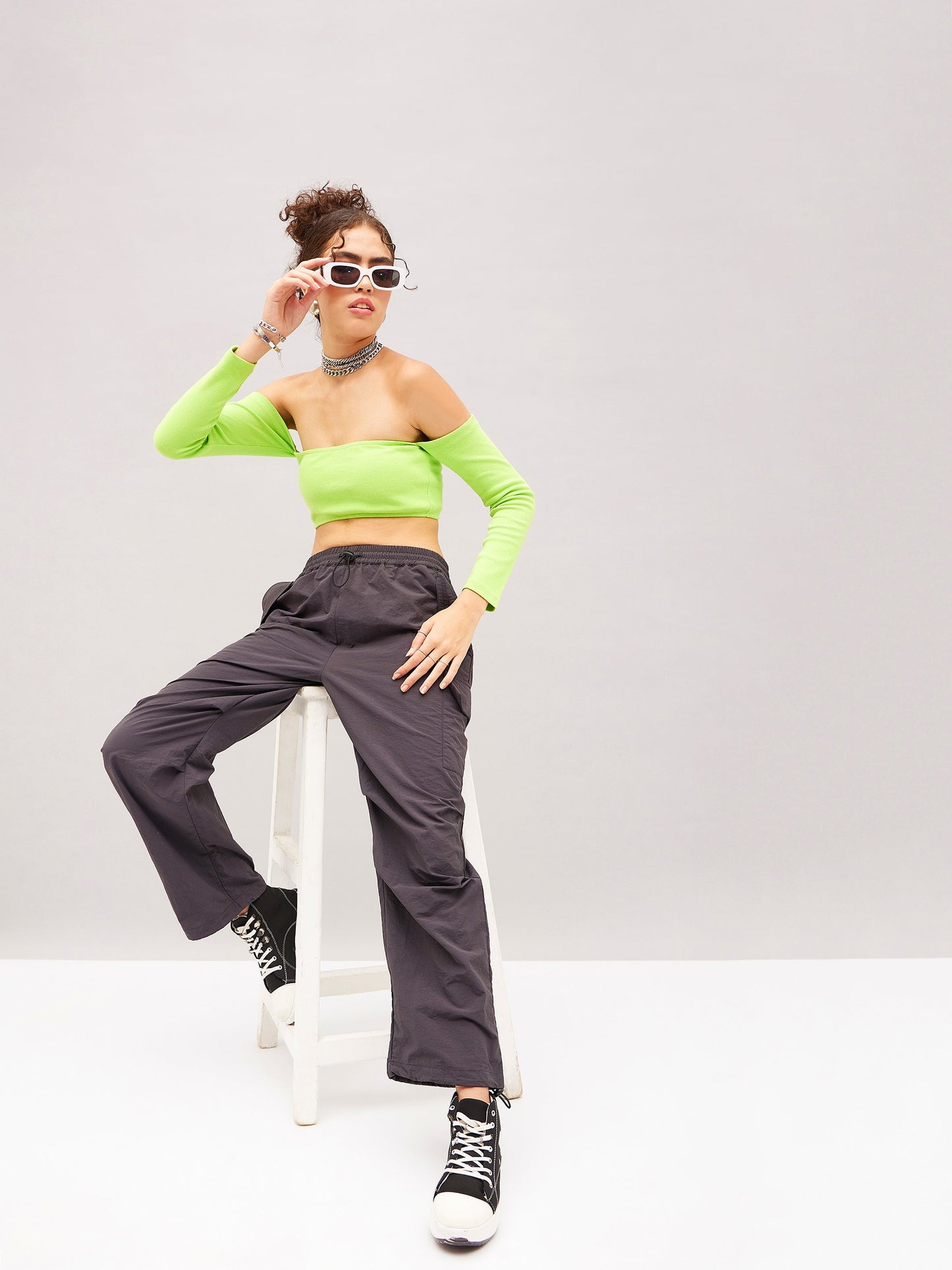 Grey Pleated Knee Cargo Parachute Pants