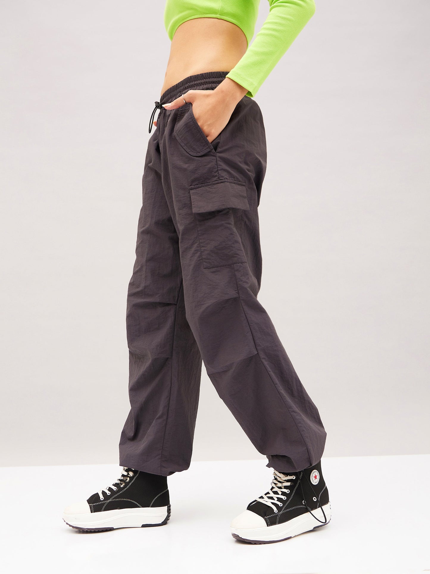 Grey Pleated Knee Cargo Parachute Pants