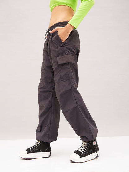 Grey Pleated Knee Cargo Parachute Pants