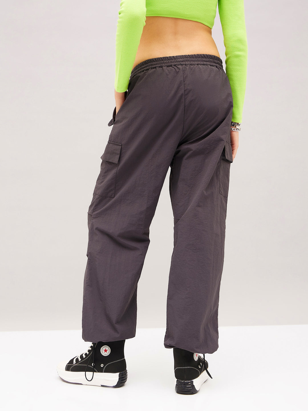 Grey Pleated Knee Cargo Parachute Pants