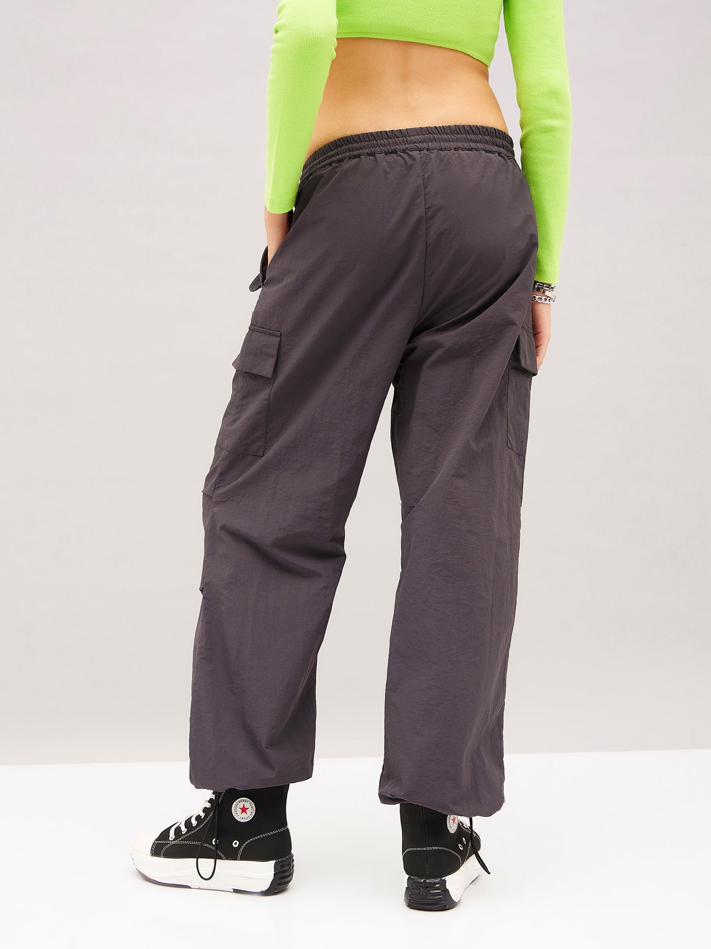 Grey Pleated Knee Cargo Parachute Pants