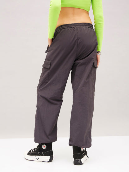 Grey Pleated Knee Cargo Parachute Pants