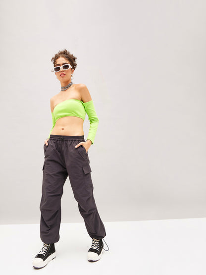 Grey Pleated Knee Cargo Parachute Pants