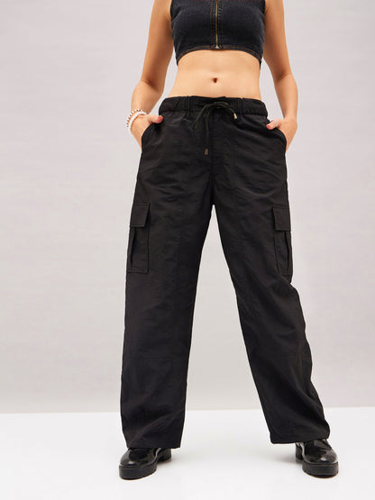 Black Flap Pocket Cargo Parachute Pants