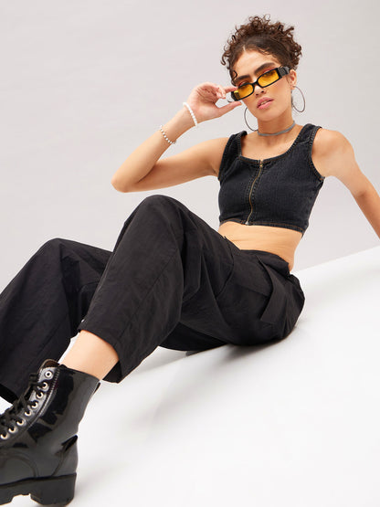 Black Flap Pocket Cargo Parachute Pants