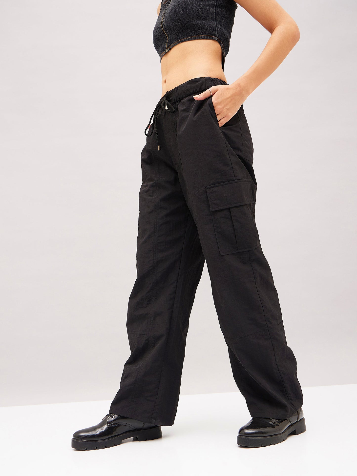 Black Flap Pocket Cargo Parachute Pants