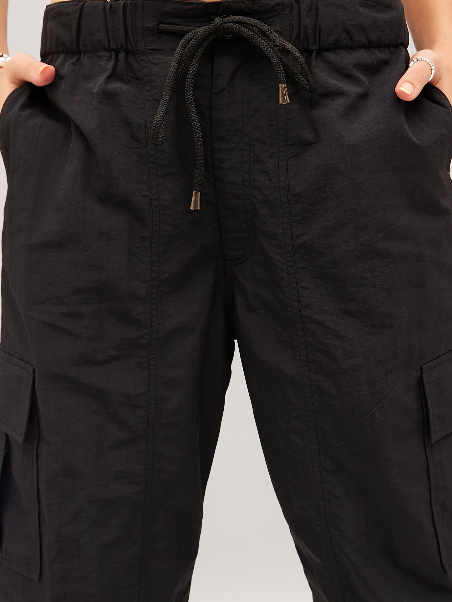 Black Flap Pocket Cargo Parachute Pants