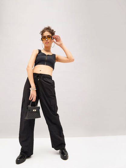 Black Flap Pocket Cargo Parachute Pants