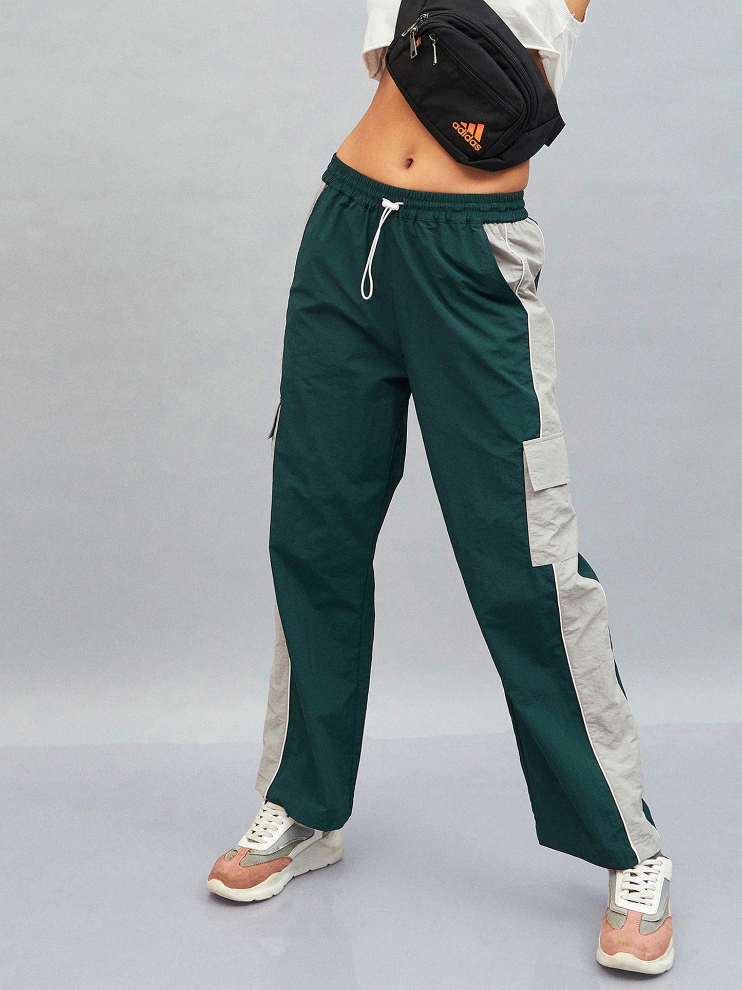 Green Colour Block Cargo Parachute Pants