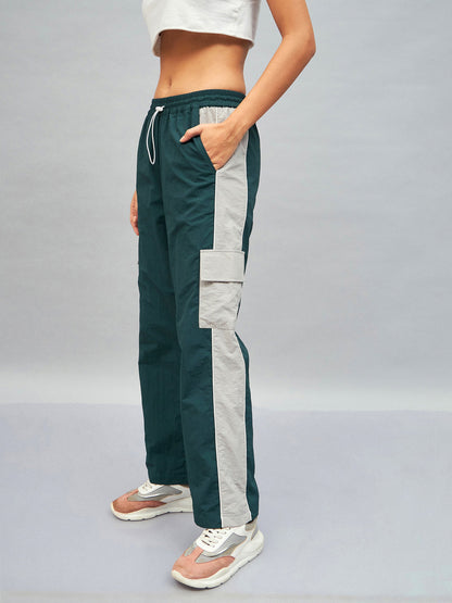 Green Colour Block Cargo Parachute Pants