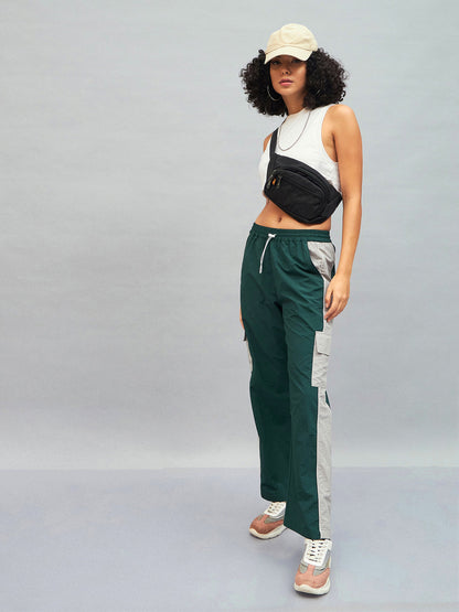 Green Colour Block Cargo Parachute Pants