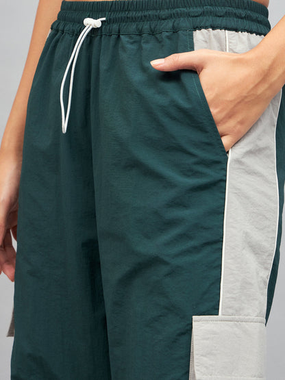 Green Colour Block Cargo Parachute Pants