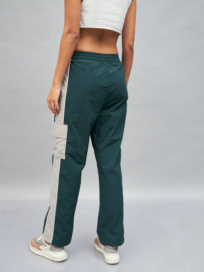 Green Colour Block Cargo Parachute Pants