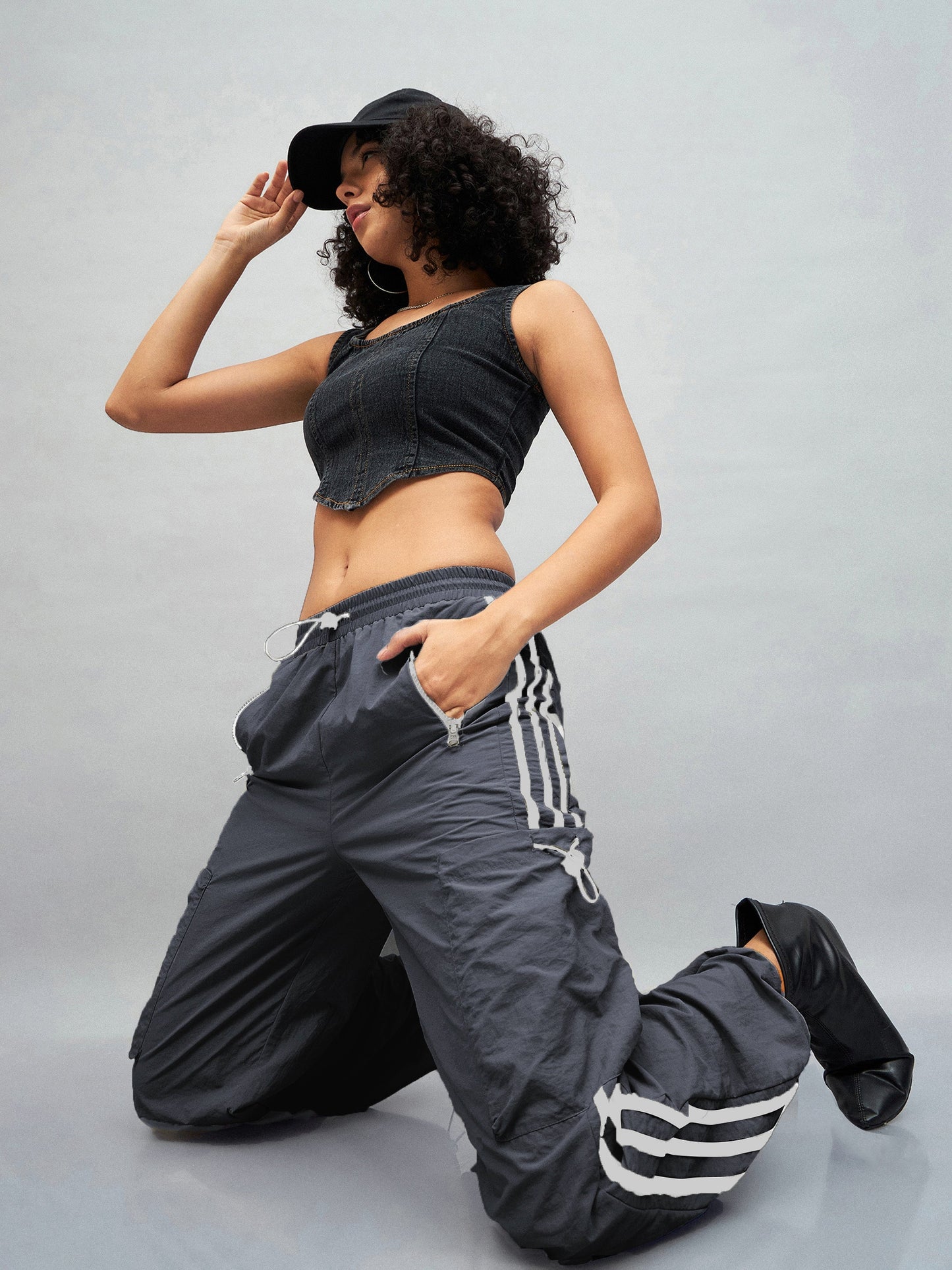 Dark Grey Side Tape Cargo Parachute Pants