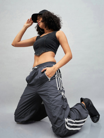 Dark Grey Side Tape Cargo Parachute Pants