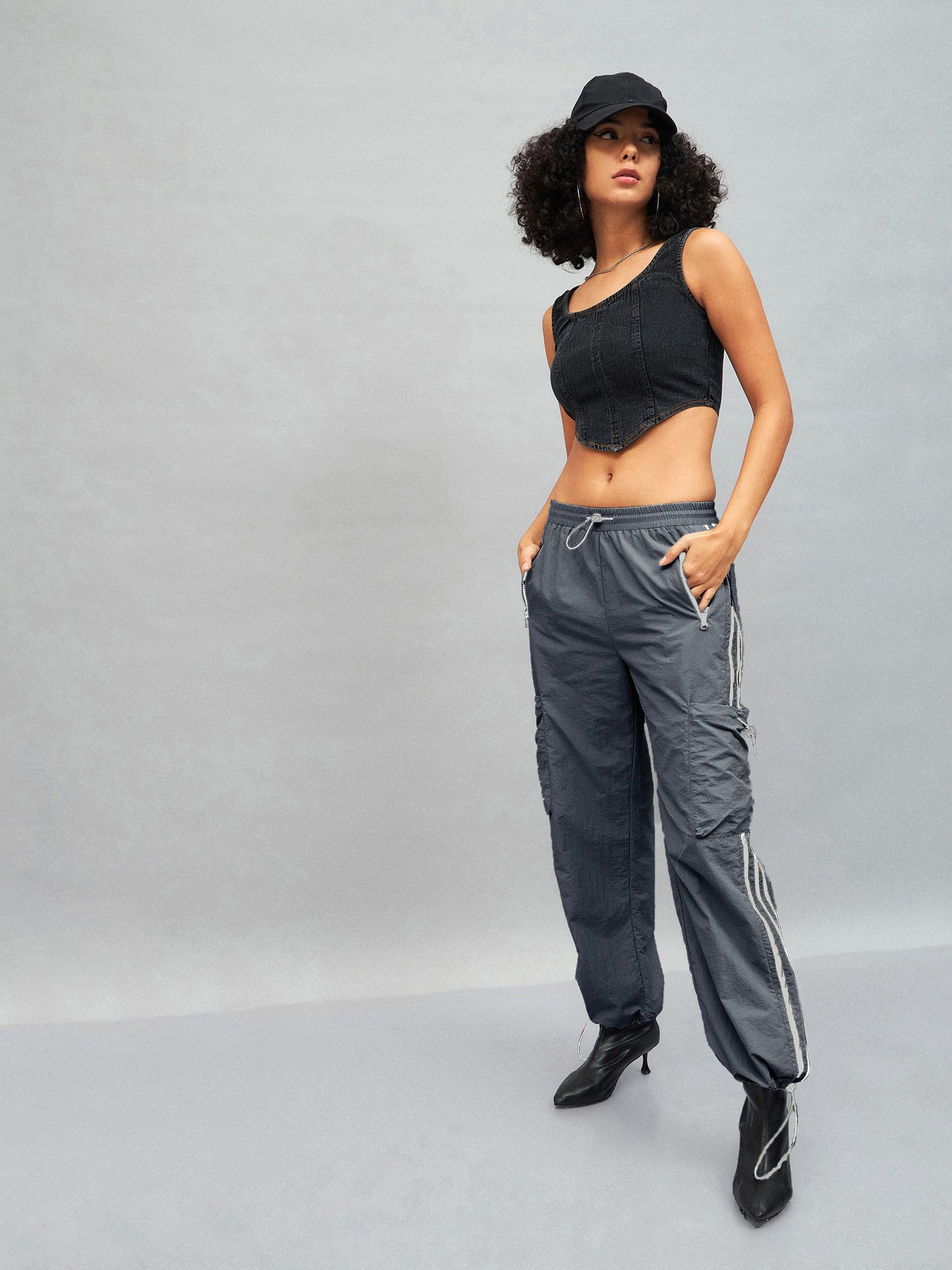 Dark Grey Side Tape Cargo Parachute Pants
