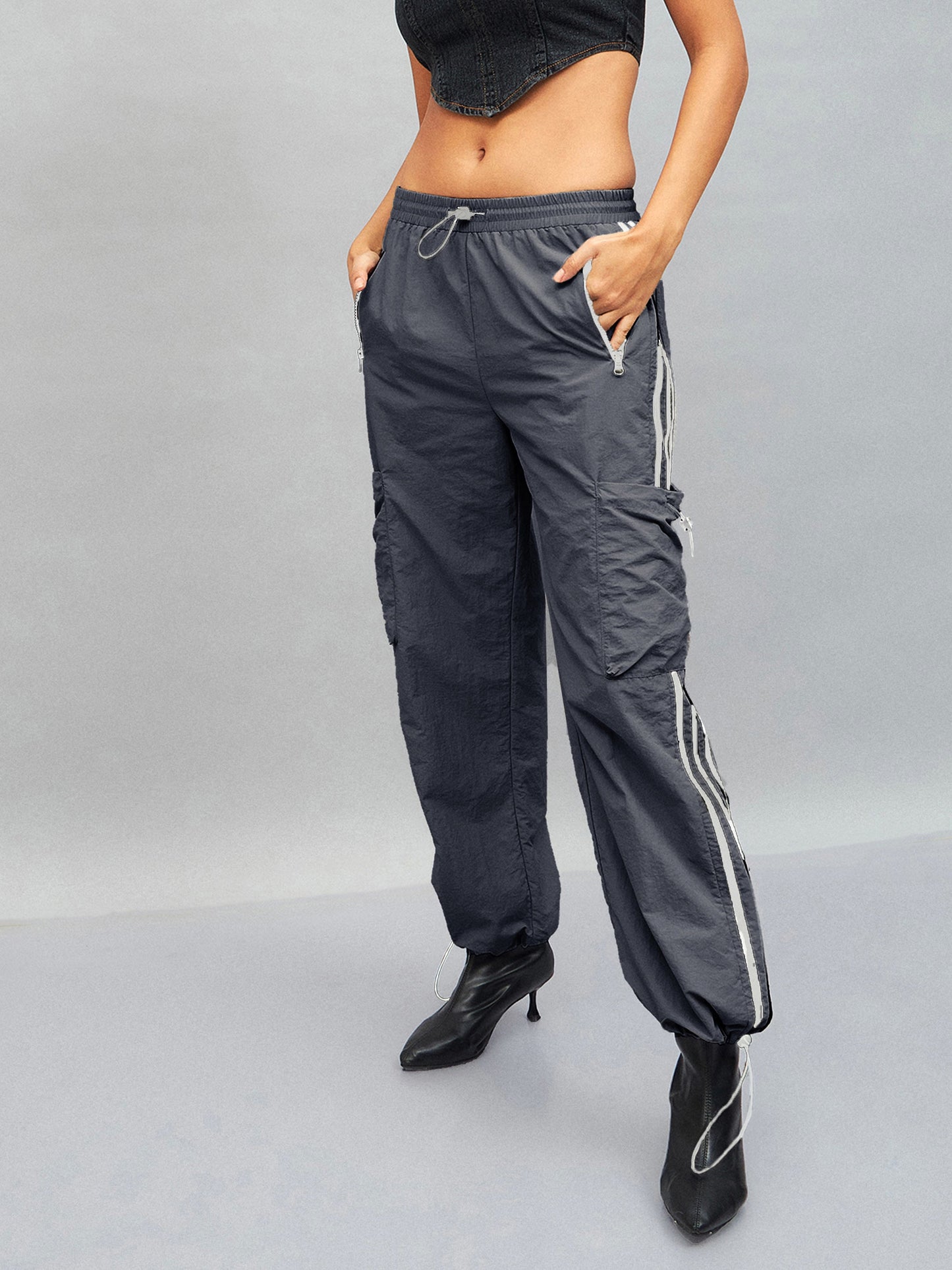 Dark Grey Side Tape Cargo Parachute Pants