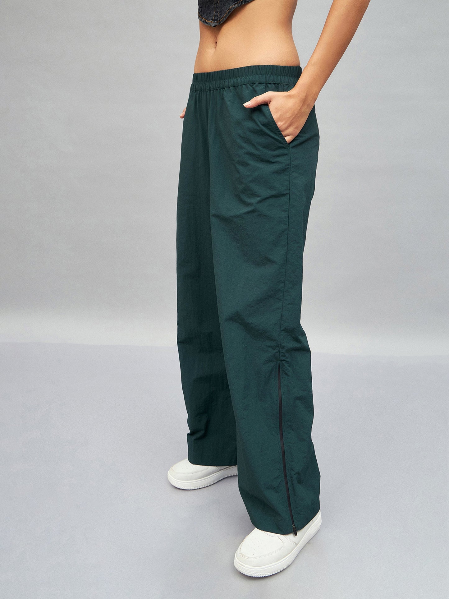 Green Out Seam Zipper Parachute Pants