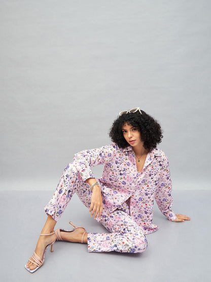 Women Pink Satin Floral Darted Pants