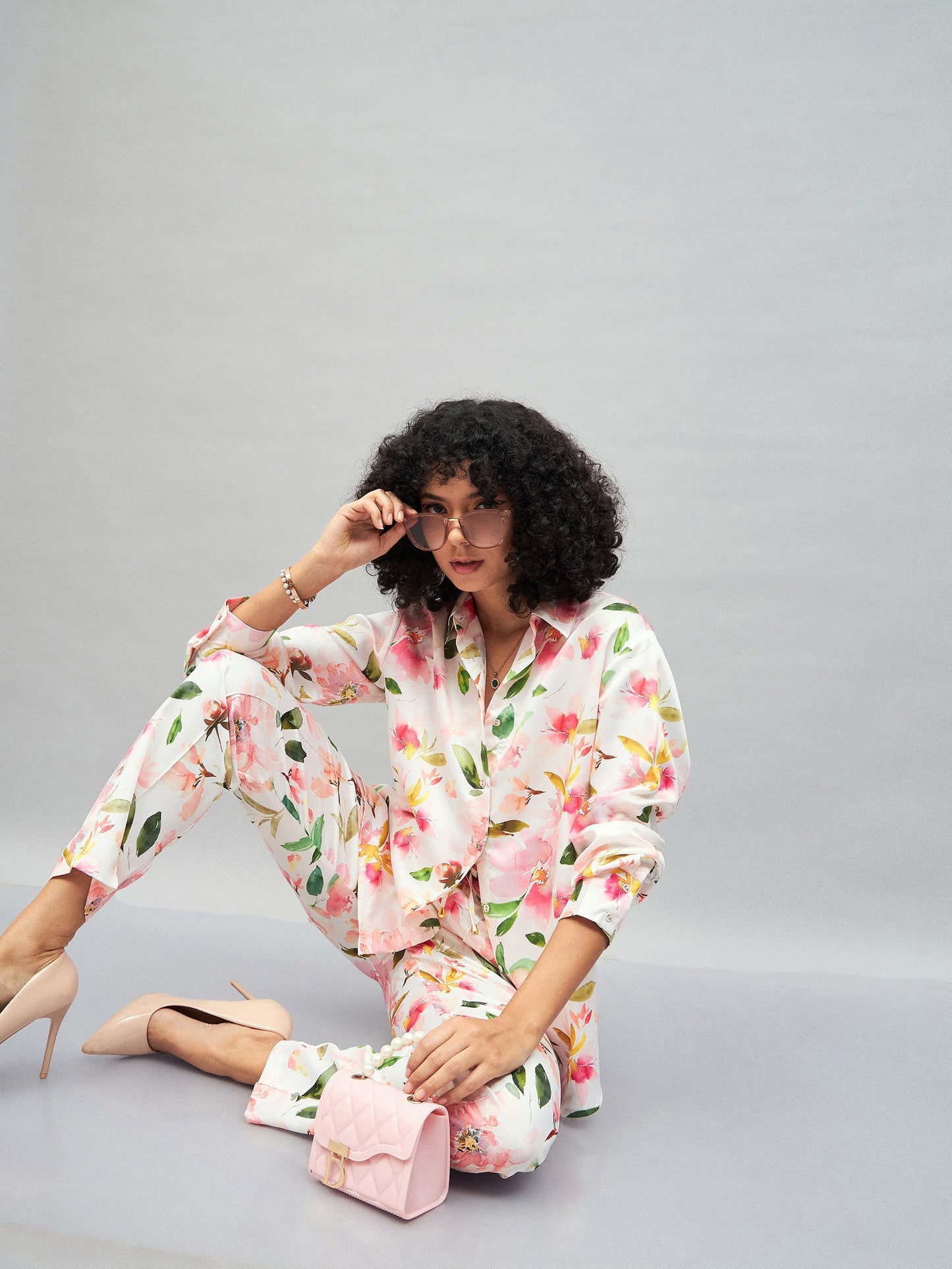 Women White Satin Floral Darted Pants