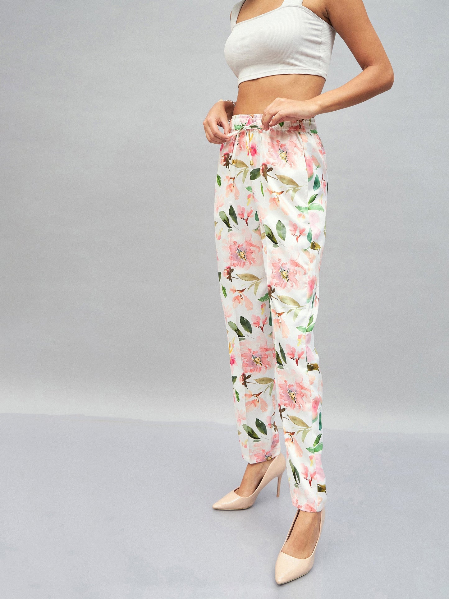 Women White Satin Floral Darted Pants