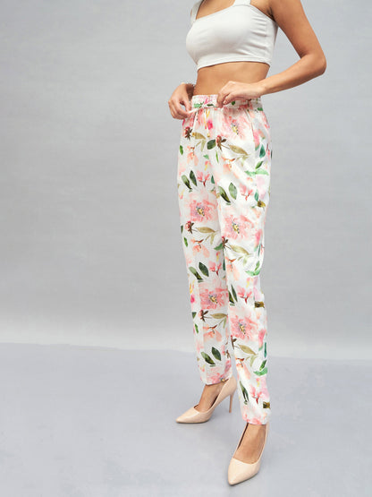 Women White Satin Floral Darted Pants
